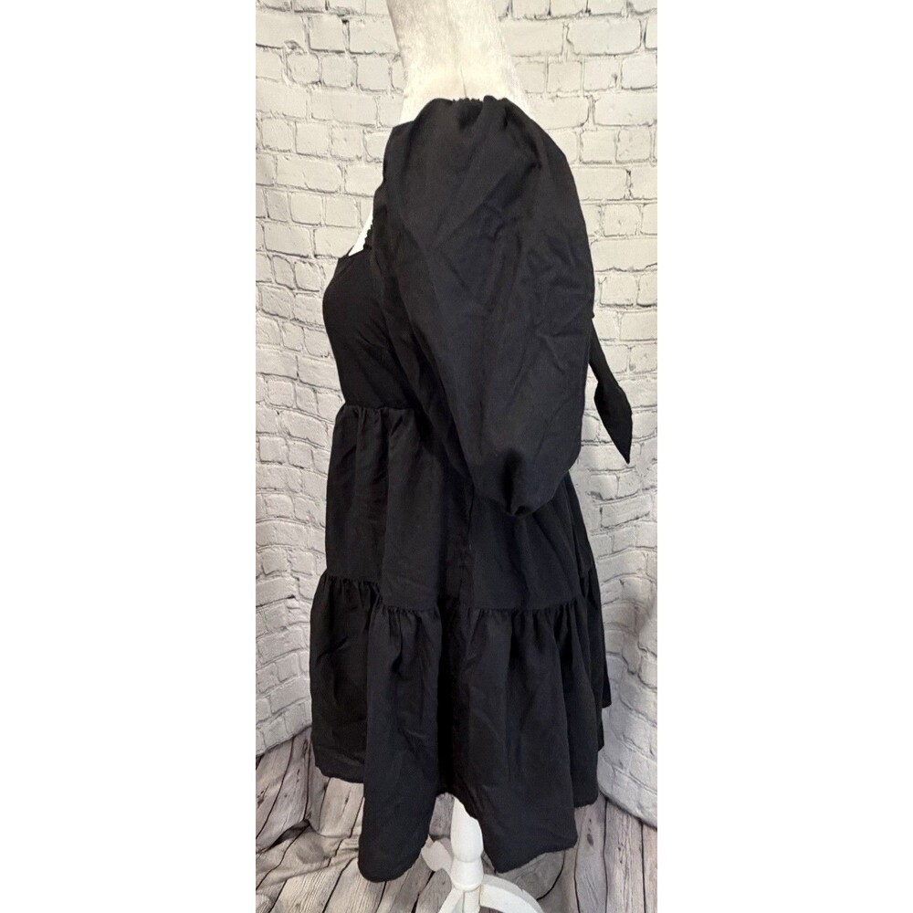 NWT OWNGIGI Women's Black Summer Dress Square Neck Puffy Short Sleeve Tie Back M - Picture 4 of 9